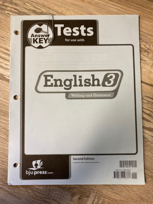 BJU English 3 Test Answer Key; Second Edition